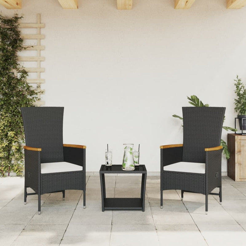 vidaXL 3 Piece Garden Dining Set with Cushions Black Poly Rattan