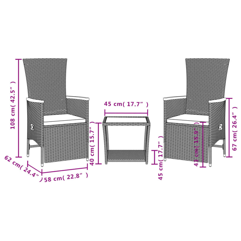 vidaXL 3 Piece Garden Dining Set with Cushions Black Poly Rattan