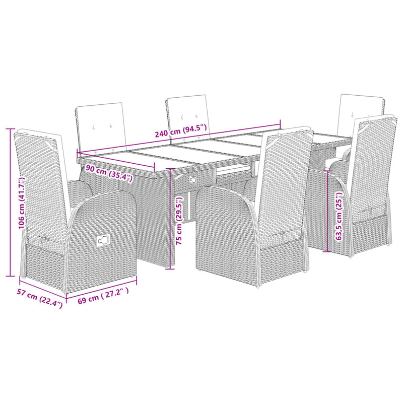 vidaXL 7 Piece Garden Dining Set with Cushions Grey Poly Rattan