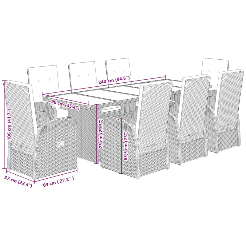 vidaXL 9 Piece Garden Dining Set with Cushions Grey Poly Rattan