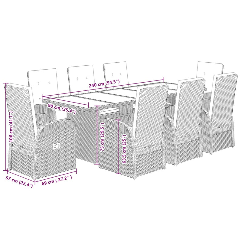 vidaXL 9 Piece Garden Dining Set with Cushions Grey Poly Rattan