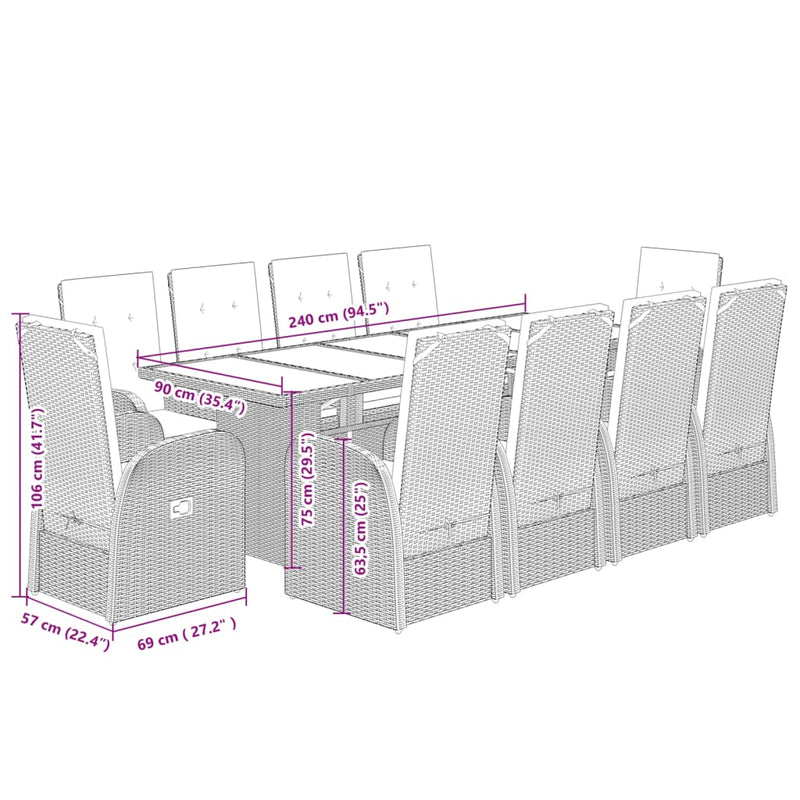 vidaXL 11 Piece Garden Dining Set with Cushions Grey Poly Rattan