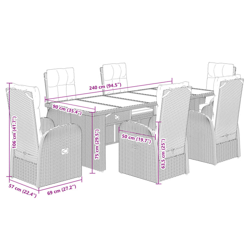 vidaXL 7 Piece Garden Dining Set with Cushions Black Poly Rattan