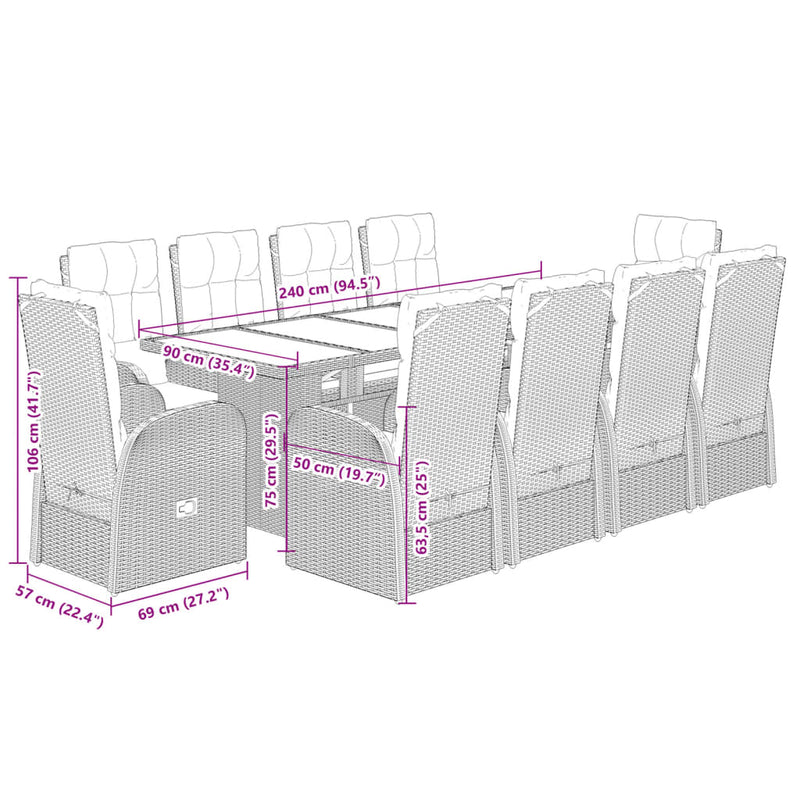 vidaXL 11 Piece Garden Dining Set with Cushions Black Poly Rattan