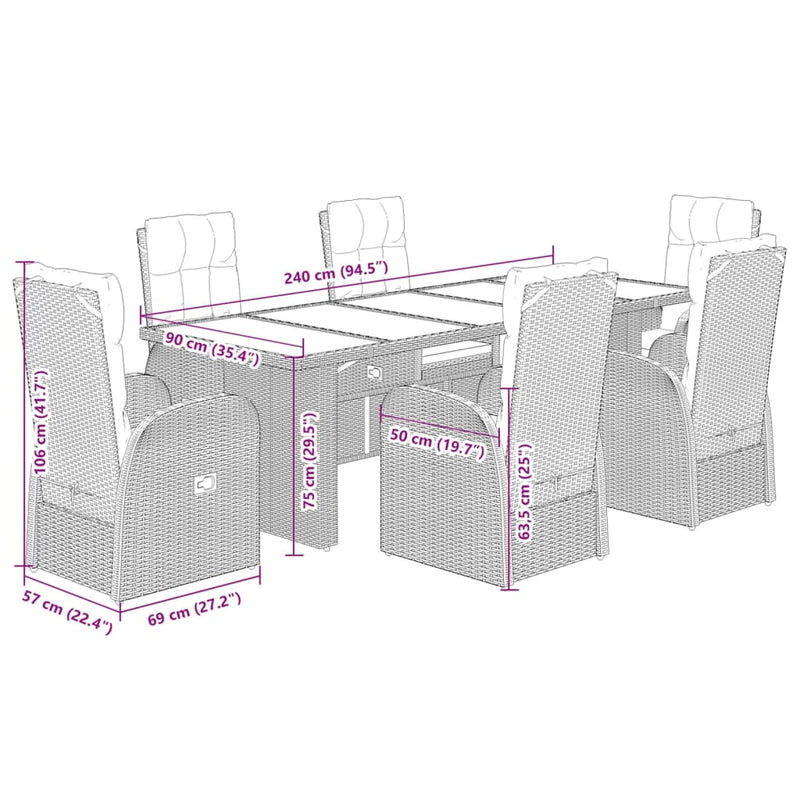 vidaXL 7 Piece Garden Dining Set with Cushions Black Poly Rattan