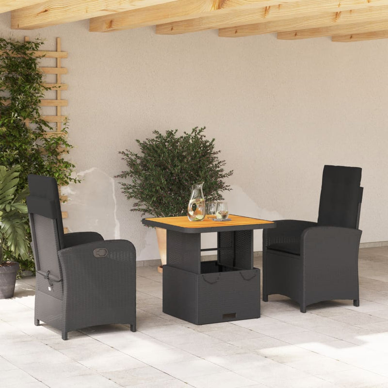 vidaXL 3 Piece Garden Dining Set with Cushions Black Poly Rattan