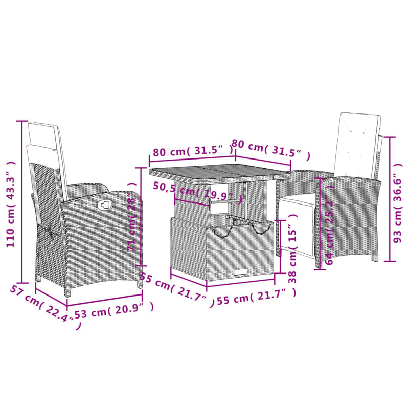 vidaXL 3 Piece Garden Dining Set with Cushions Grey Poly Rattan