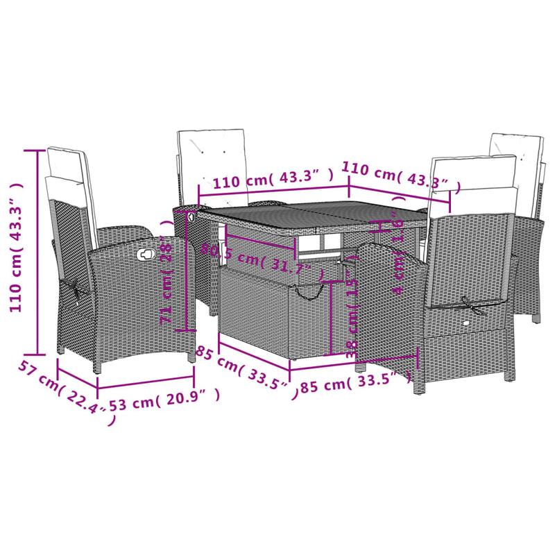 vidaXL 5 Piece Garden Dining Set with Cushions Grey Poly Rattan