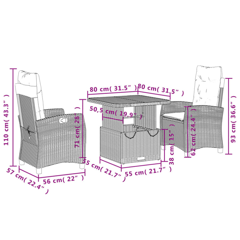 vidaXL 3 Piece Garden Dining Set with Cushions Black Poly Rattan