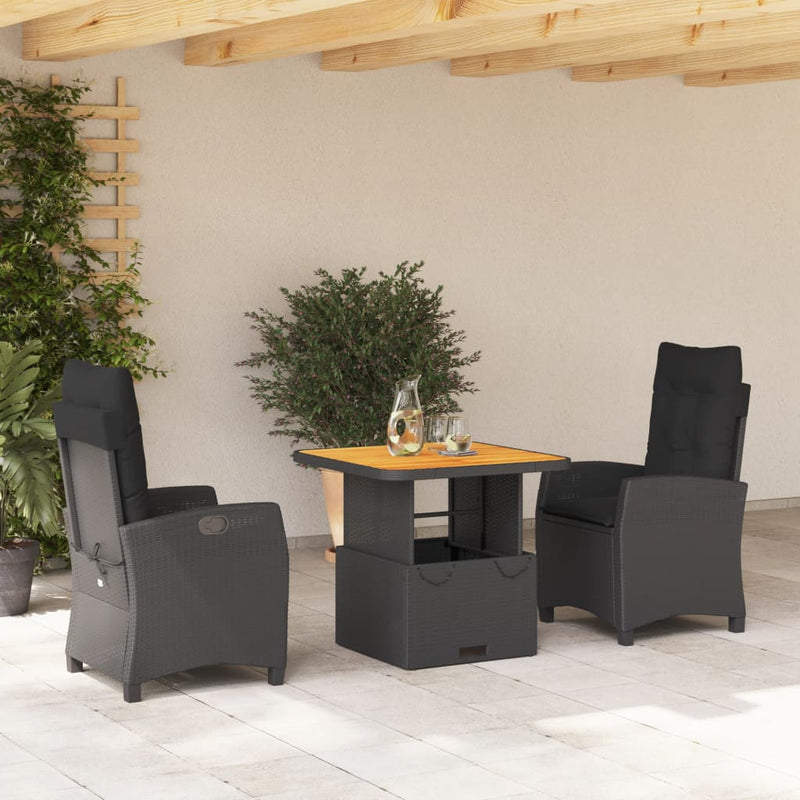 vidaXL 3 Piece Garden Dining Set with Cushions Black Poly Rattan
