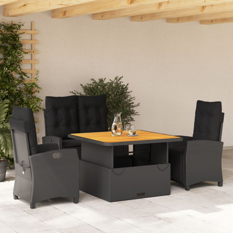 vidaXL 4 Piece Garden Dining Set with Cushions Black Poly Rattan