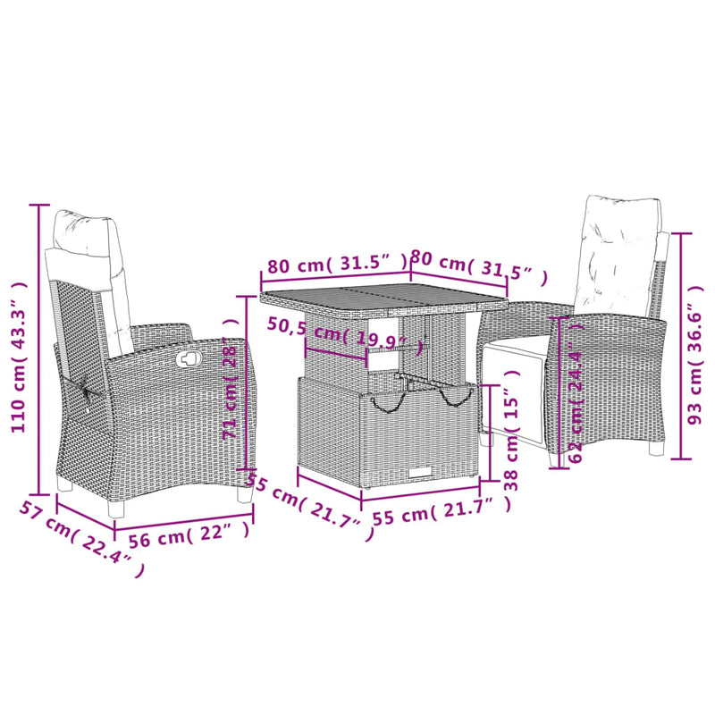 vidaXL 3 Piece Garden Dining Set with Cushions Grey Poly Rattan