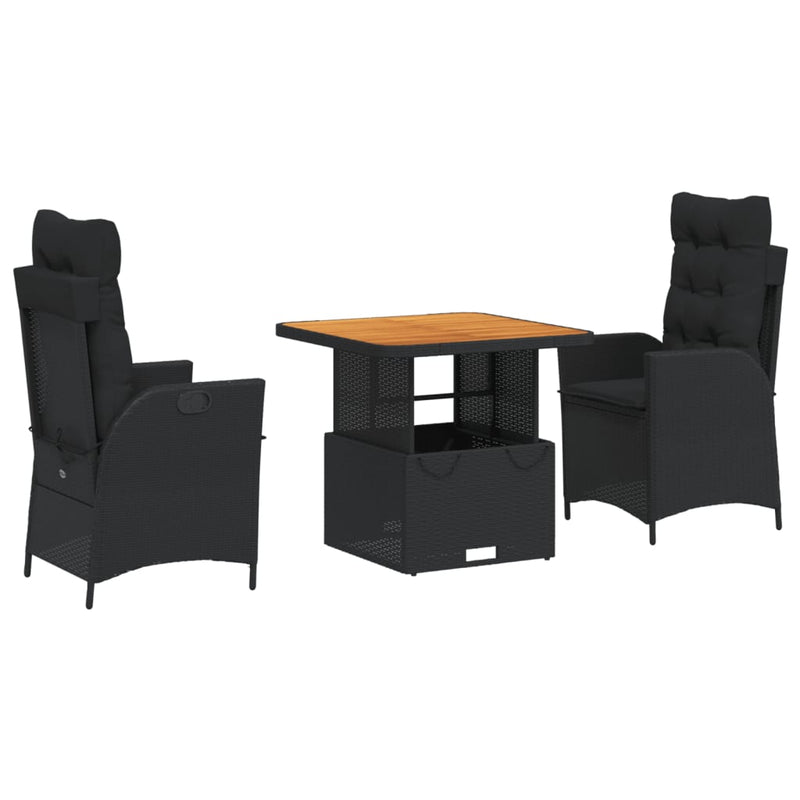vidaXL 3 Piece Garden Dining Set with Cushions Black Poly Rattan