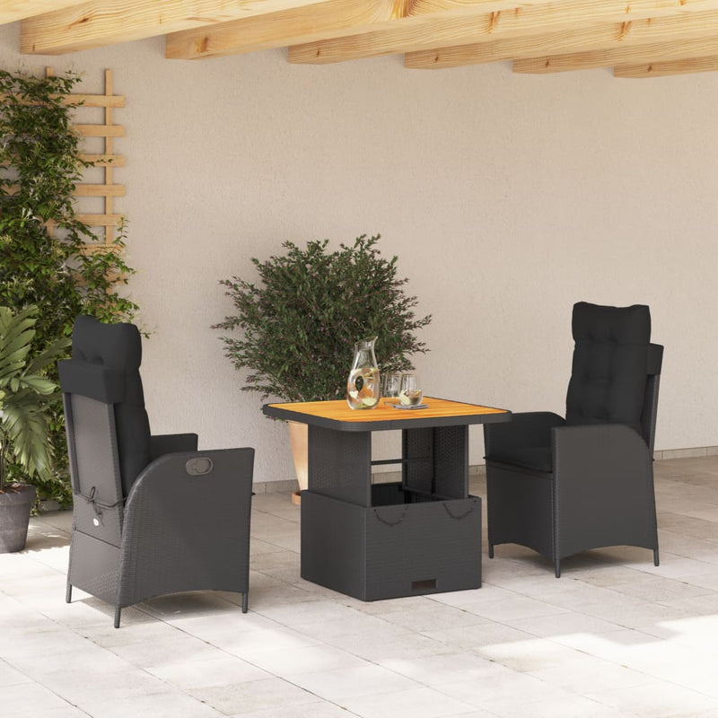 vidaXL 3 Piece Garden Dining Set with Cushions Black Poly Rattan