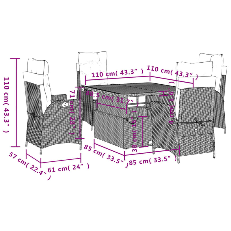 vidaXL 5 Piece Garden Dining Set with Cushions Black Poly Rattan