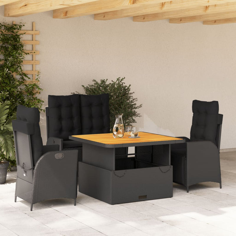 vidaXL 4 Piece Garden Dining Set with Cushions Black Poly Rattan