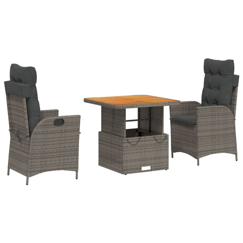 vidaXL 3 Piece Garden Dining Set with Cushions Grey Poly Rattan