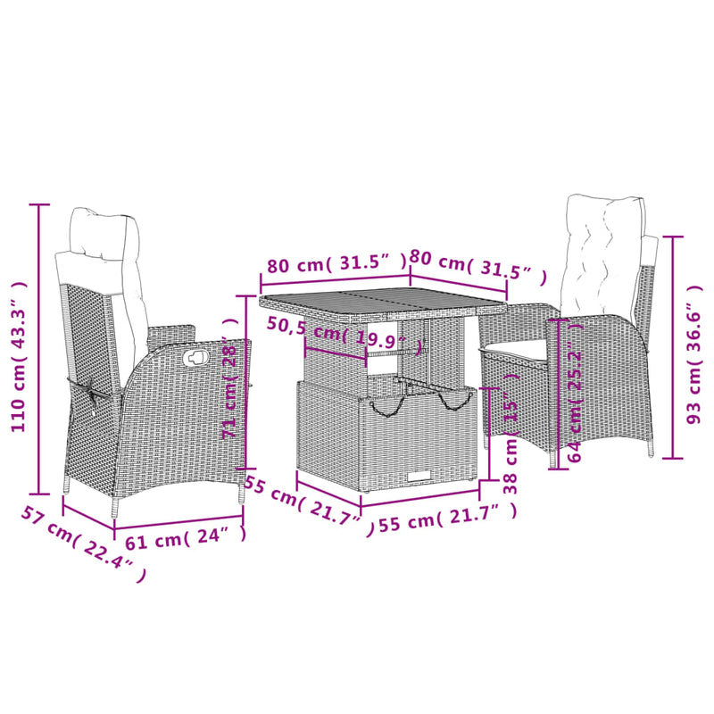 vidaXL 3 Piece Garden Dining Set with Cushions Grey Poly Rattan