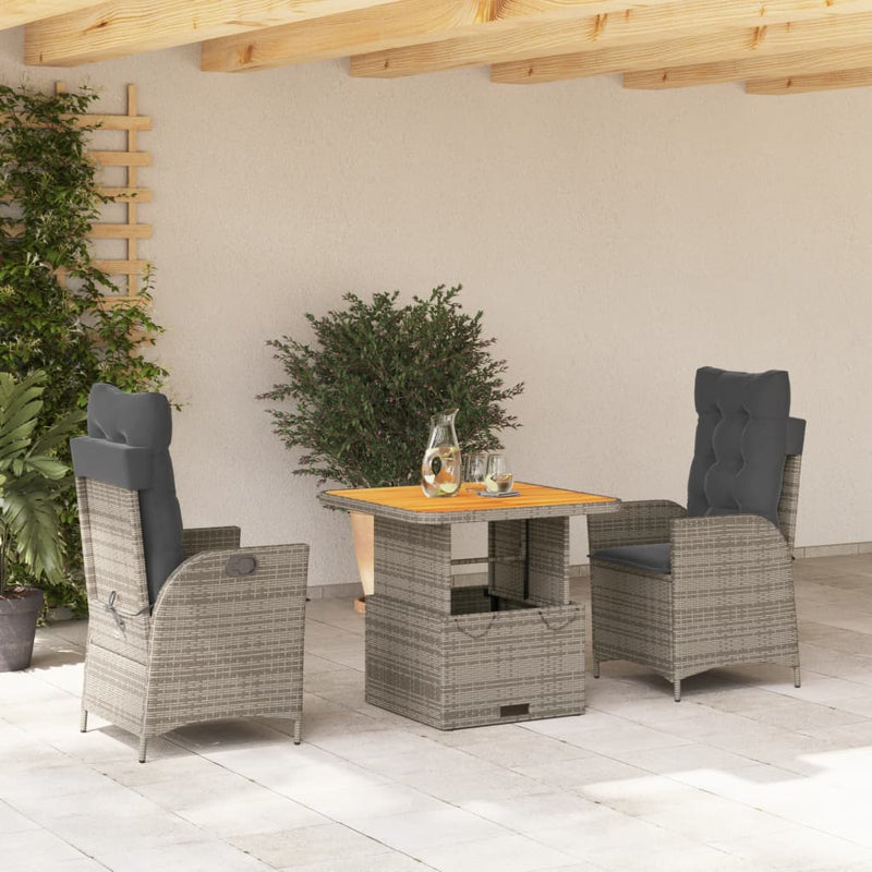 vidaXL 3 Piece Garden Dining Set with Cushions Grey Poly Rattan