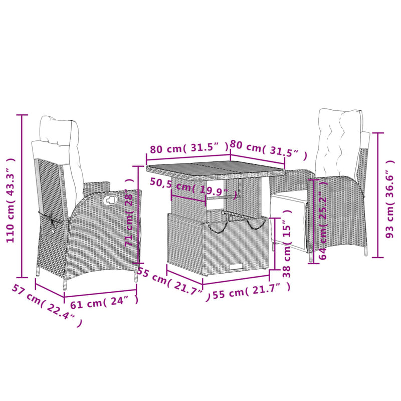 vidaXL 3 Piece Garden Dining Set with Cushions Grey Poly Rattan