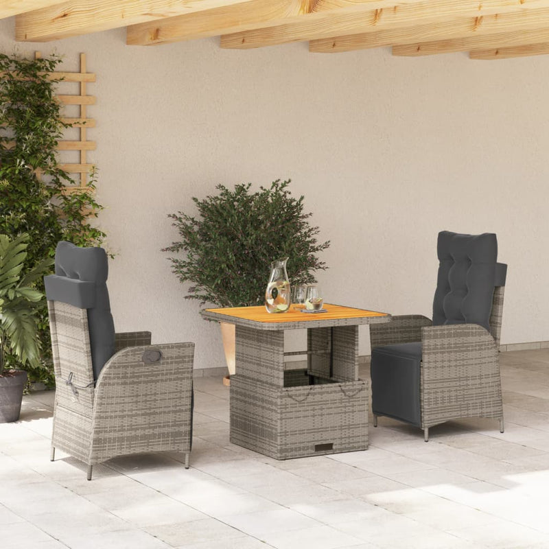 vidaXL 3 Piece Garden Dining Set with Cushions Grey Poly Rattan