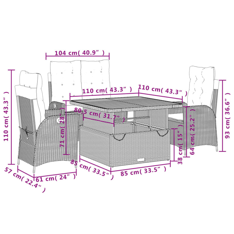 vidaXL 4 Piece Garden Dining Set with Cushions Grey Poly Rattan