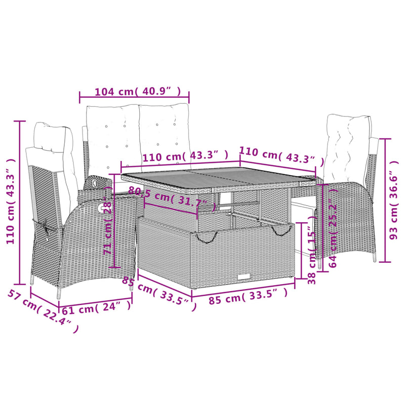 vidaXL 4 Piece Garden Dining Set with Cushions Grey Poly Rattan