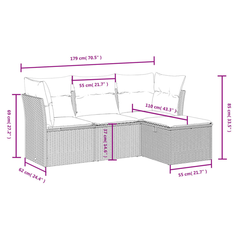vidaXL 4 Piece Garden Sofa Set with Cushions Black Poly Rattan