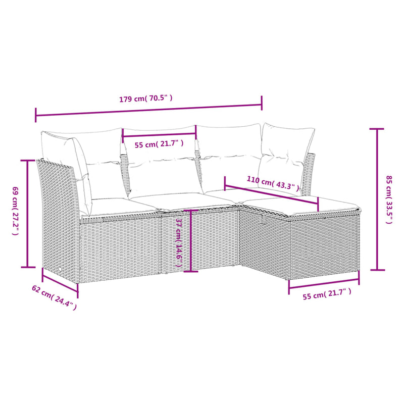 vidaXL 4 Piece Garden Sofa Set with Cushions Black Poly Rattan