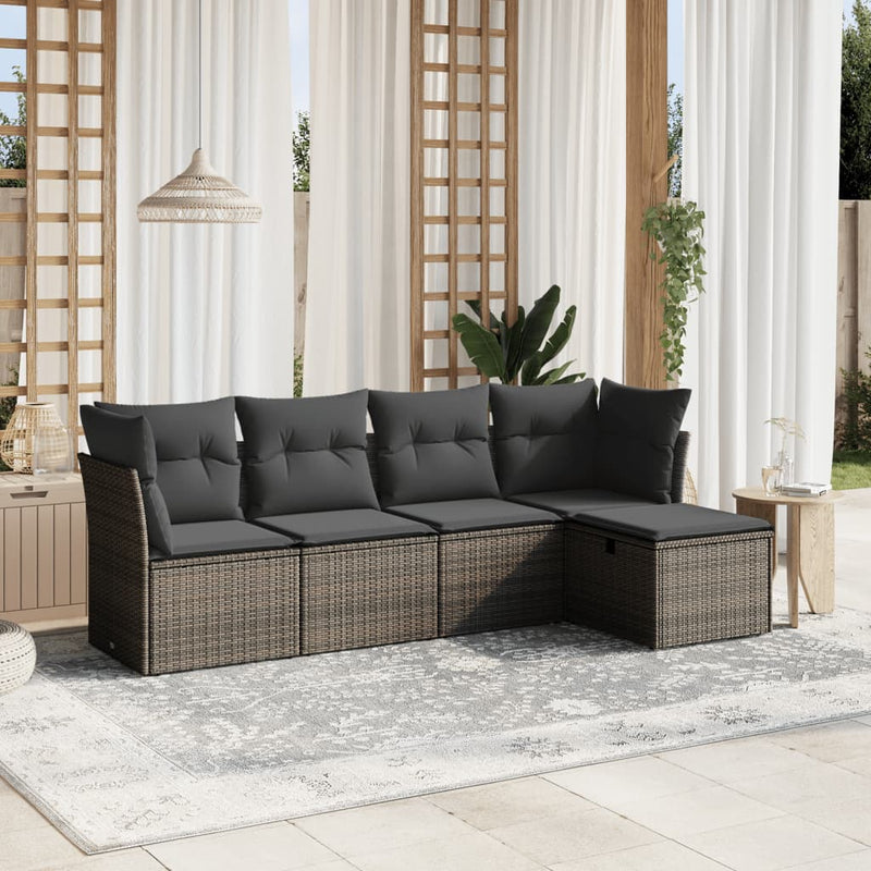 vidaXL 5 Piece Garden Sofa Set with Cushions Grey Poly Rattan