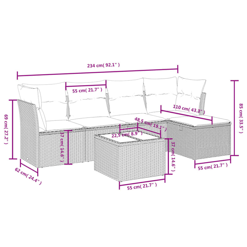 vidaXL 6 Piece Garden Sofa Set with Cushions Grey Poly Rattan