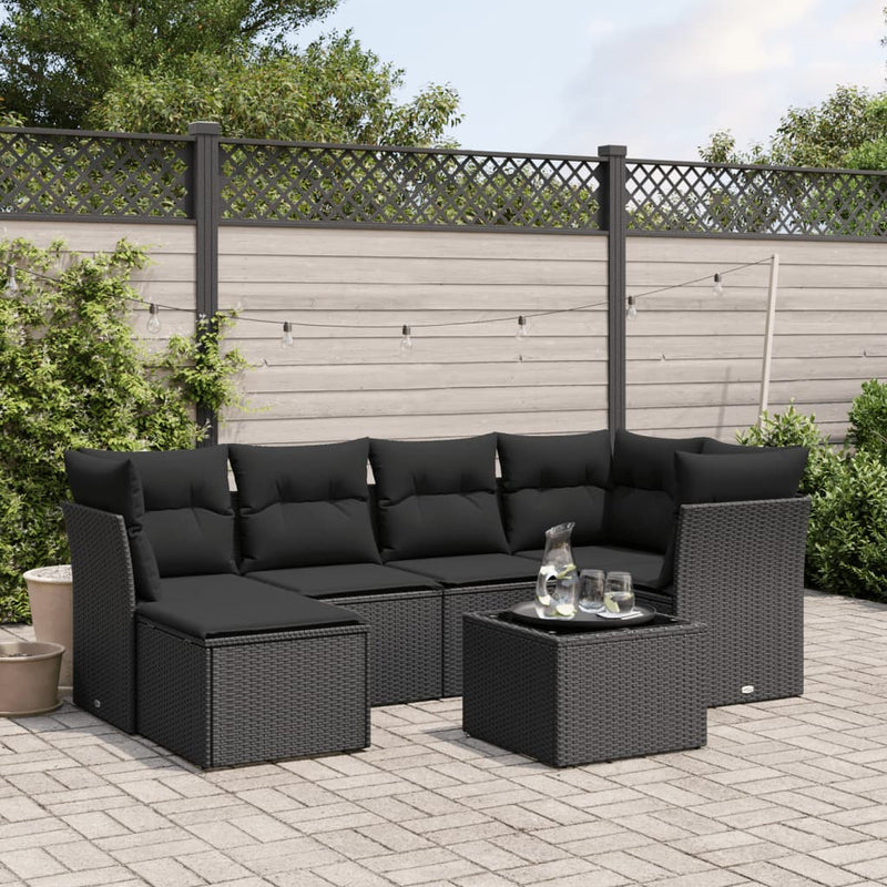 vidaXL 7 Piece Garden Sofa Set with Cushions Black Poly Rattan