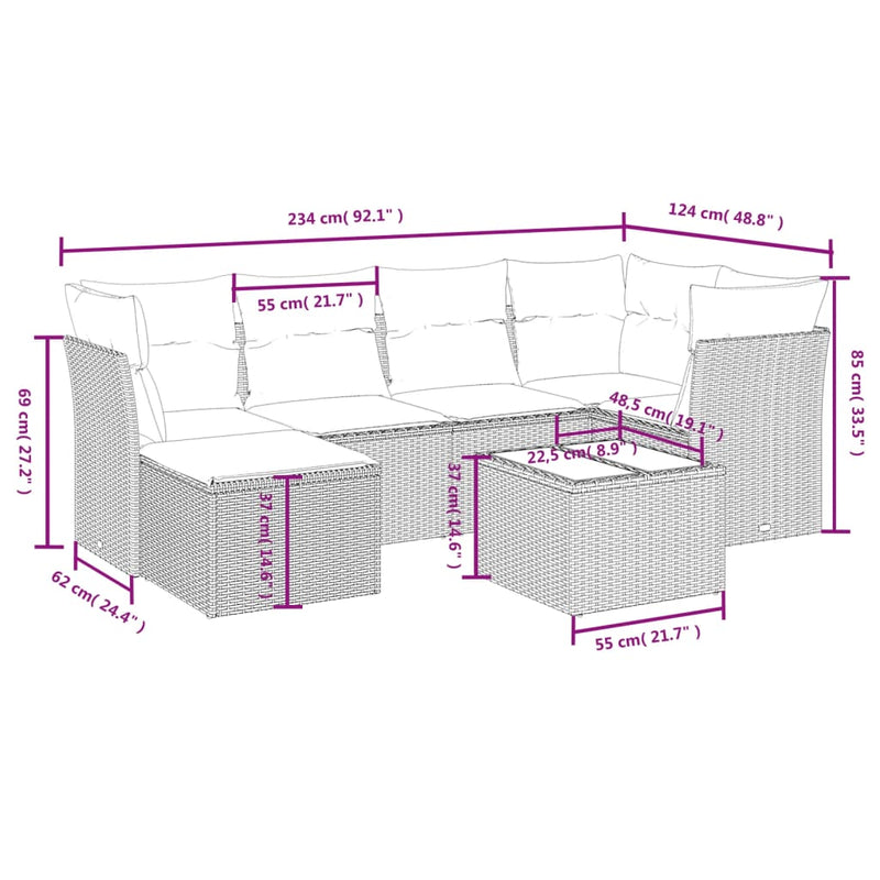 vidaXL 7 Piece Garden Sofa Set with Cushions Grey Poly Rattan