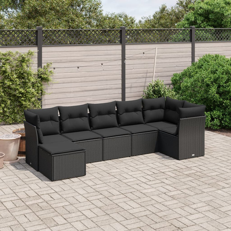 vidaXL 7 Piece Garden Sofa Set with Cushions Black Poly Rattan