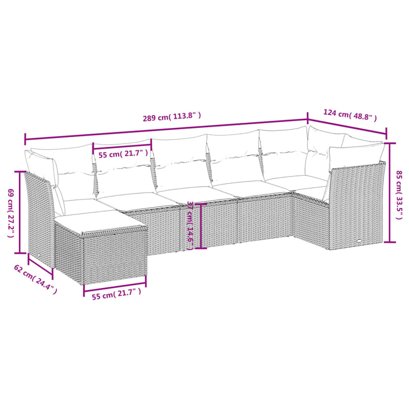 7 Piece Garden Sofa Set with Cushions Grey Poly Rattan