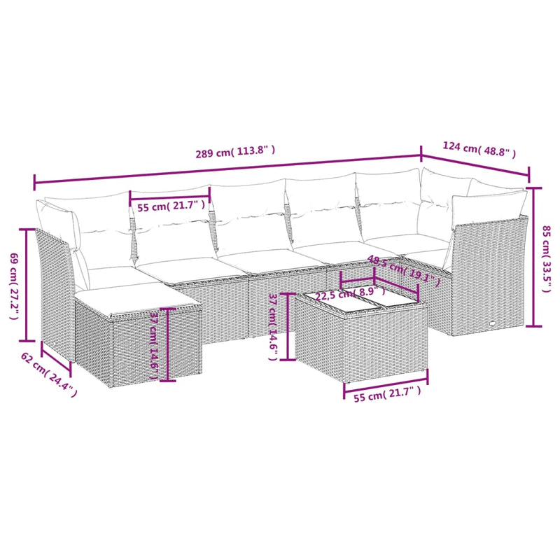 8 Piece Garden Sofa Set with Cushions Grey Poly Rattan