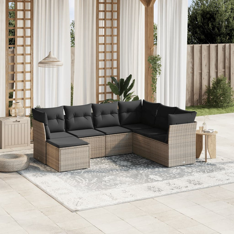 7 Piece Garden Sofa Set with Cushions Grey Poly Rattan