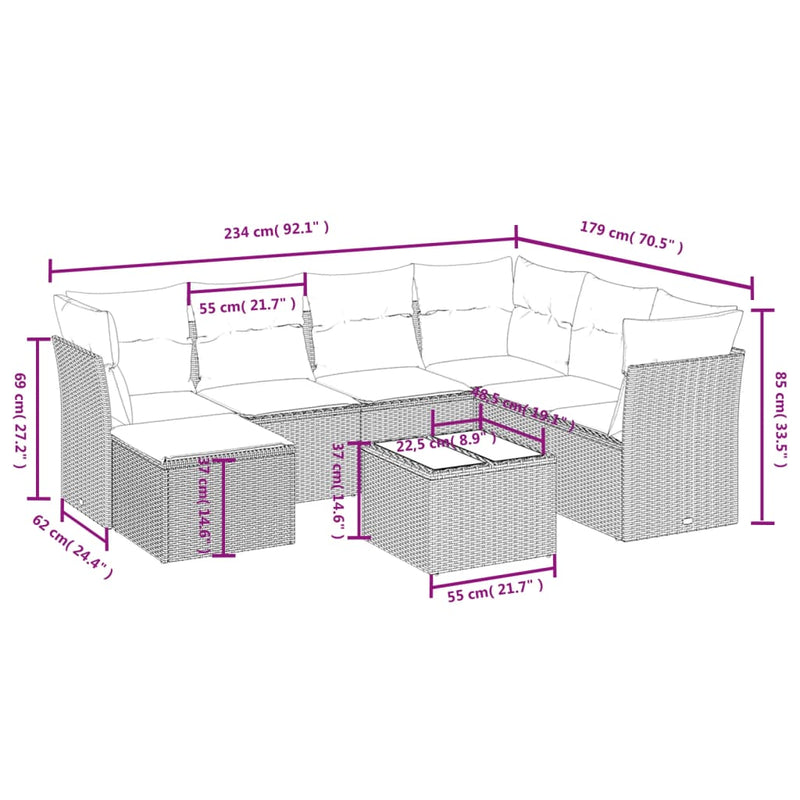 vidaXL 8 Piece Garden Sofa Set with Cushions Grey Poly Rattan