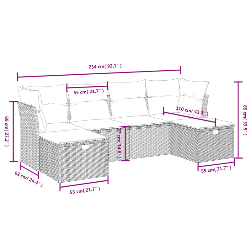 vidaXL 6 Piece Garden Sofa Set with Cushions Grey Poly Rattan