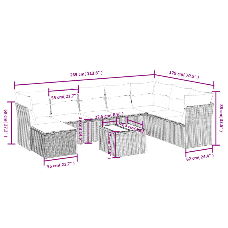 9 Piece Garden Sofa Set with Cushions Grey Poly Rattan