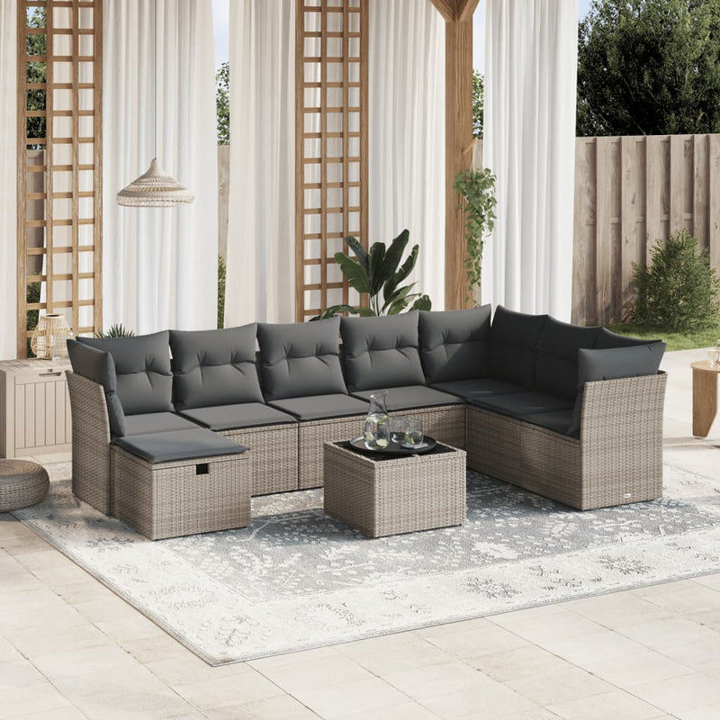 vidaXL 9 Piece Garden Sofa Set with Cushions Grey Poly Rattan