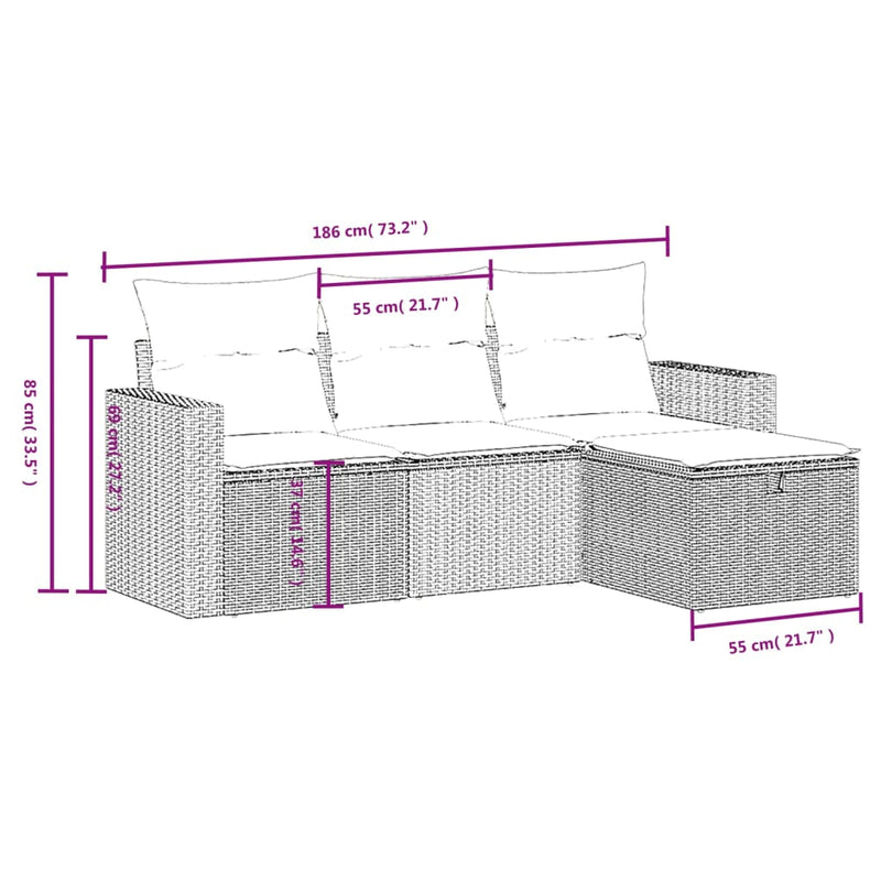 vidaXL 4 Piece Garden Sofa Set with Cushions Grey Poly Rattan