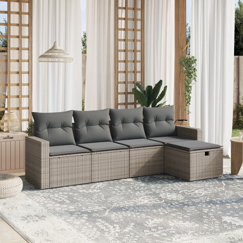 5 Piece Garden Sofa Set with Cushions Grey Poly Rattan