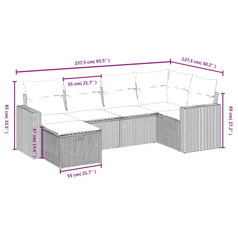 vidaXL 6 Piece Garden Sofa Set with Cushions Black Poly Rattan