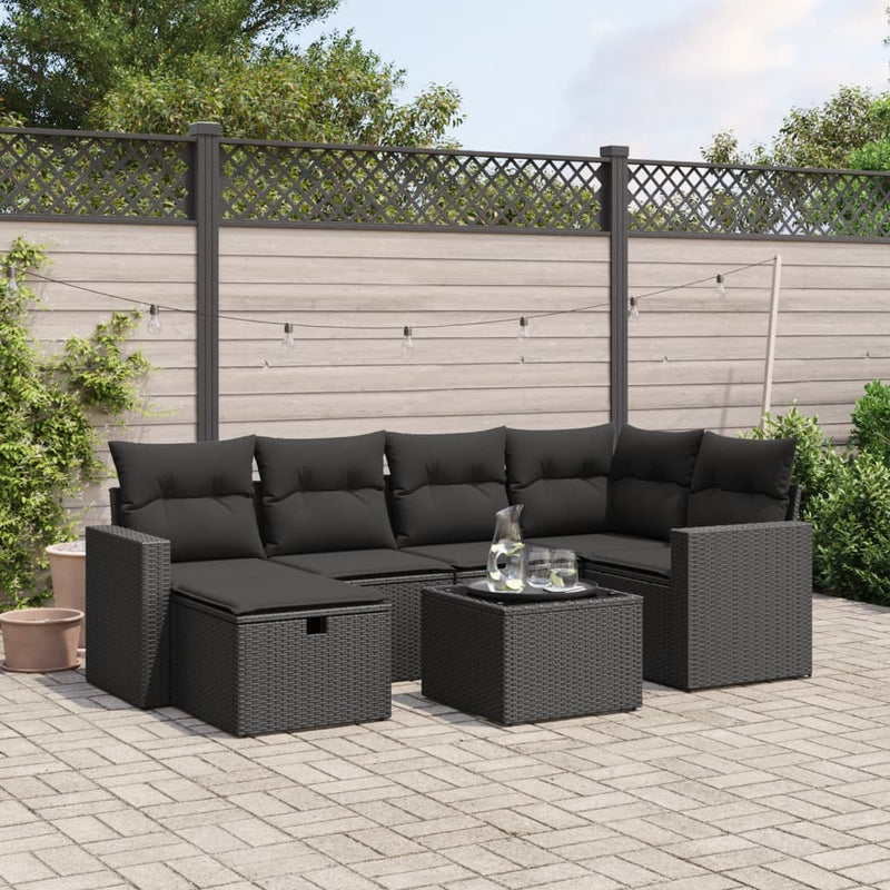 vidaXL 7 Piece Garden Sofa Set with Cushions Black Poly Rattan