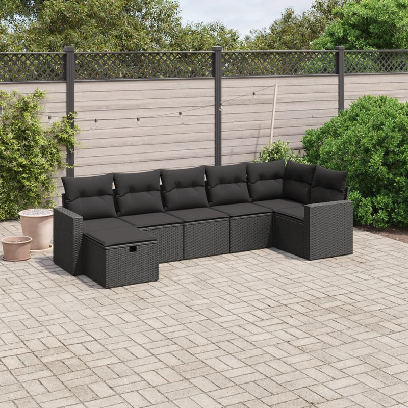 vidaXL 7 Piece Garden Sofa Set with Cushions Black Poly Rattan