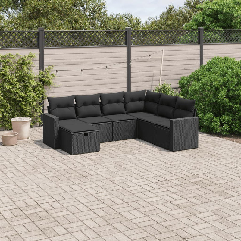 vidaXL 7 Piece Garden Sofa Set with Cushions Black Poly Rattan