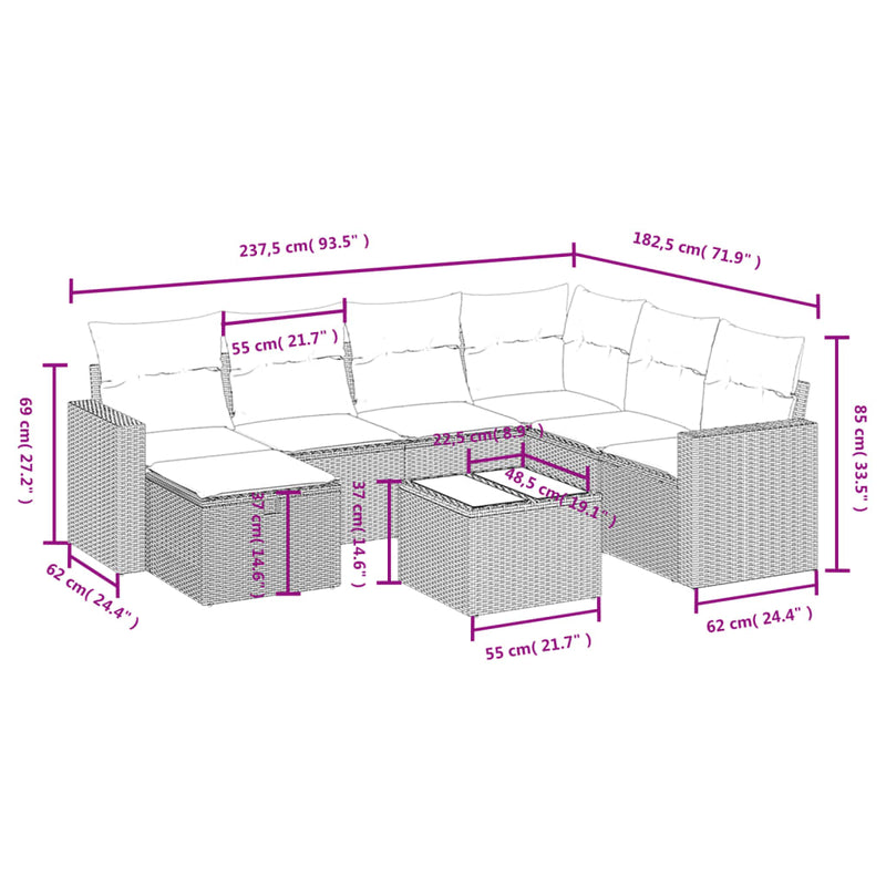 vidaXL 8 Piece Garden Sofa Set with Cushions Grey Poly Rattan