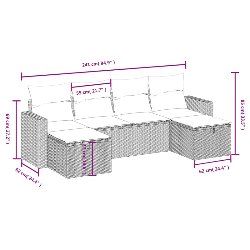 vidaXL 6 Piece Garden Sofa Set with Cushions Grey Poly Rattan