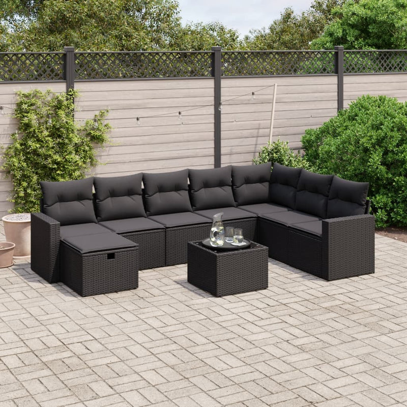vidaXL 9 Piece Garden Sofa Set with Cushions Black Poly Rattan
